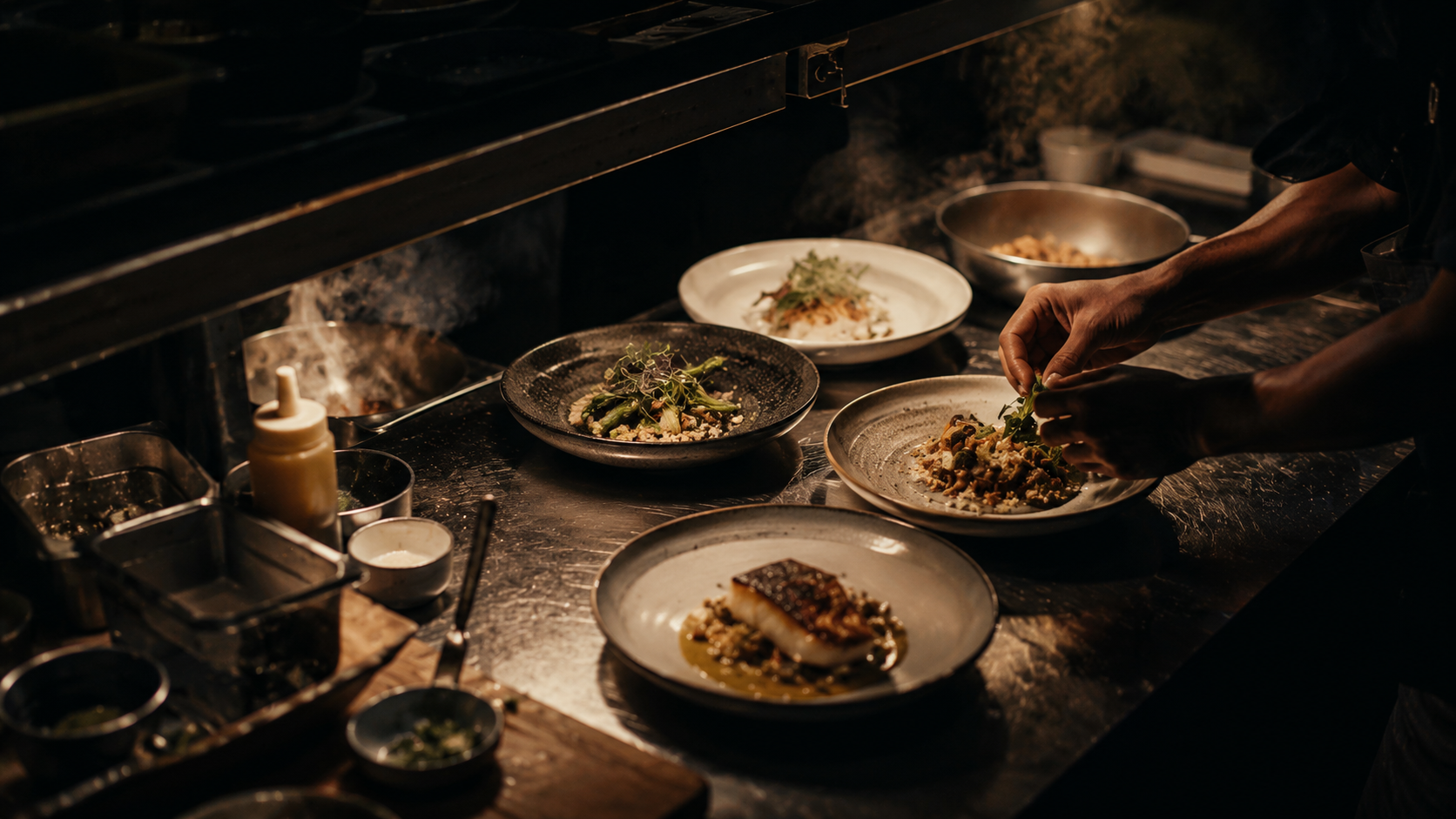 CLAYMR Pipeline, six-stage restaurant marketing automation, Berlin kitchen pass under warm tungsten light
